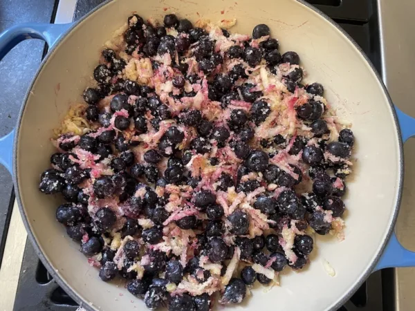 Combine lemon zest, sugar, grated apple and blueberries